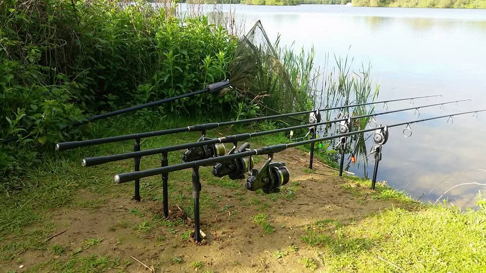 Carp fishing rods positioned beside Claydon Park Fishery in Gloucestershire