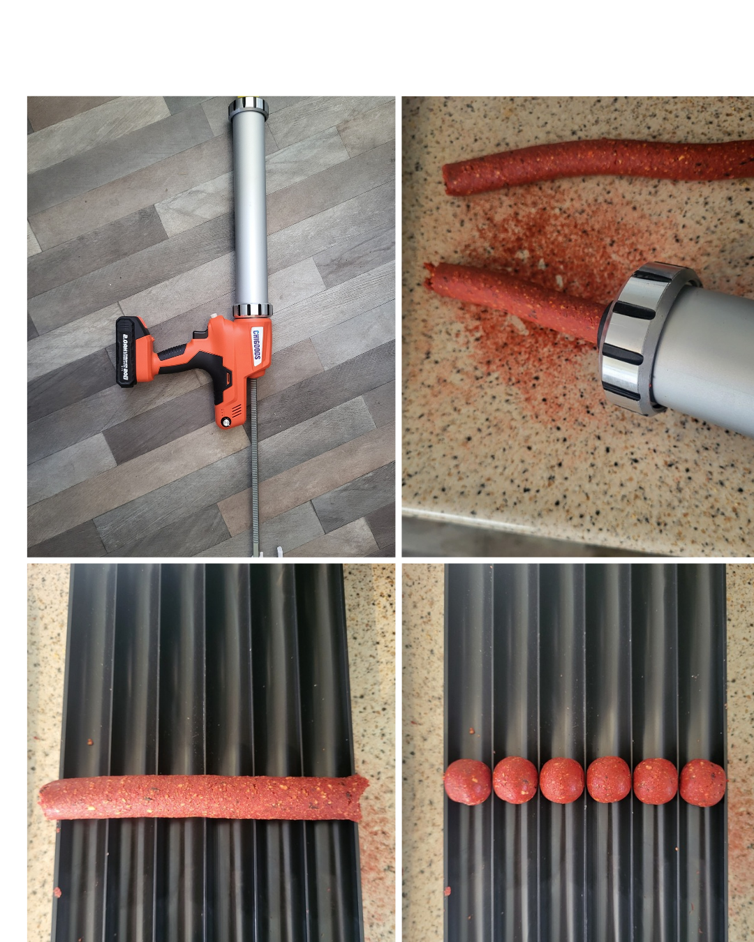 Rolling 24mm crayfish-proof boilies using a boilie gun and rolling table