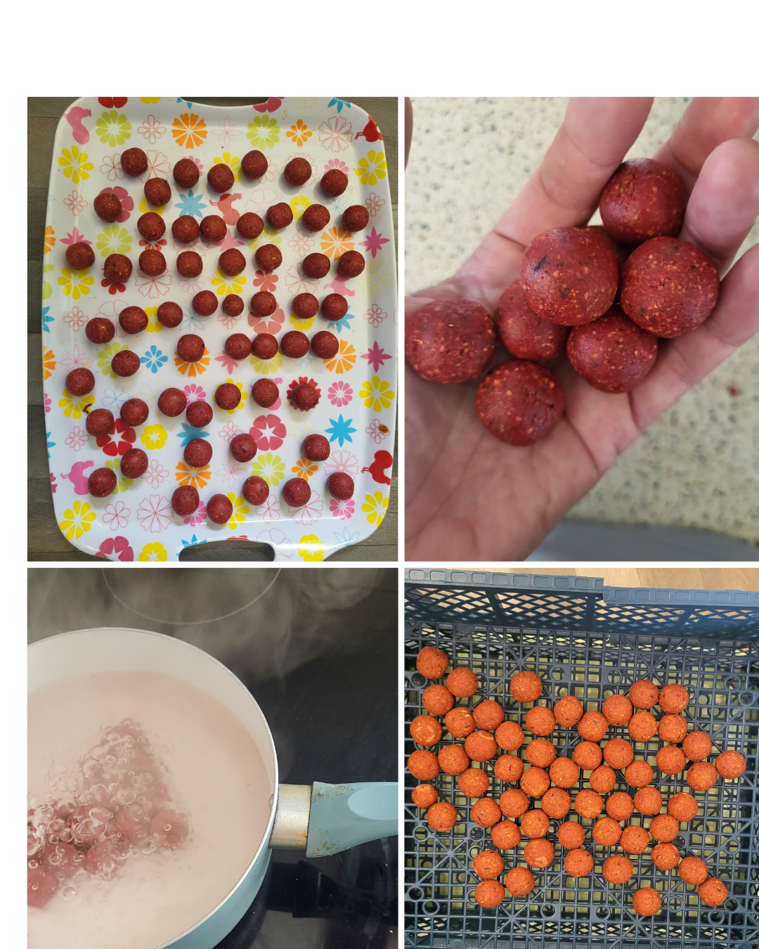 24mm homemade crayfish-proof boilies being boiled and air dried