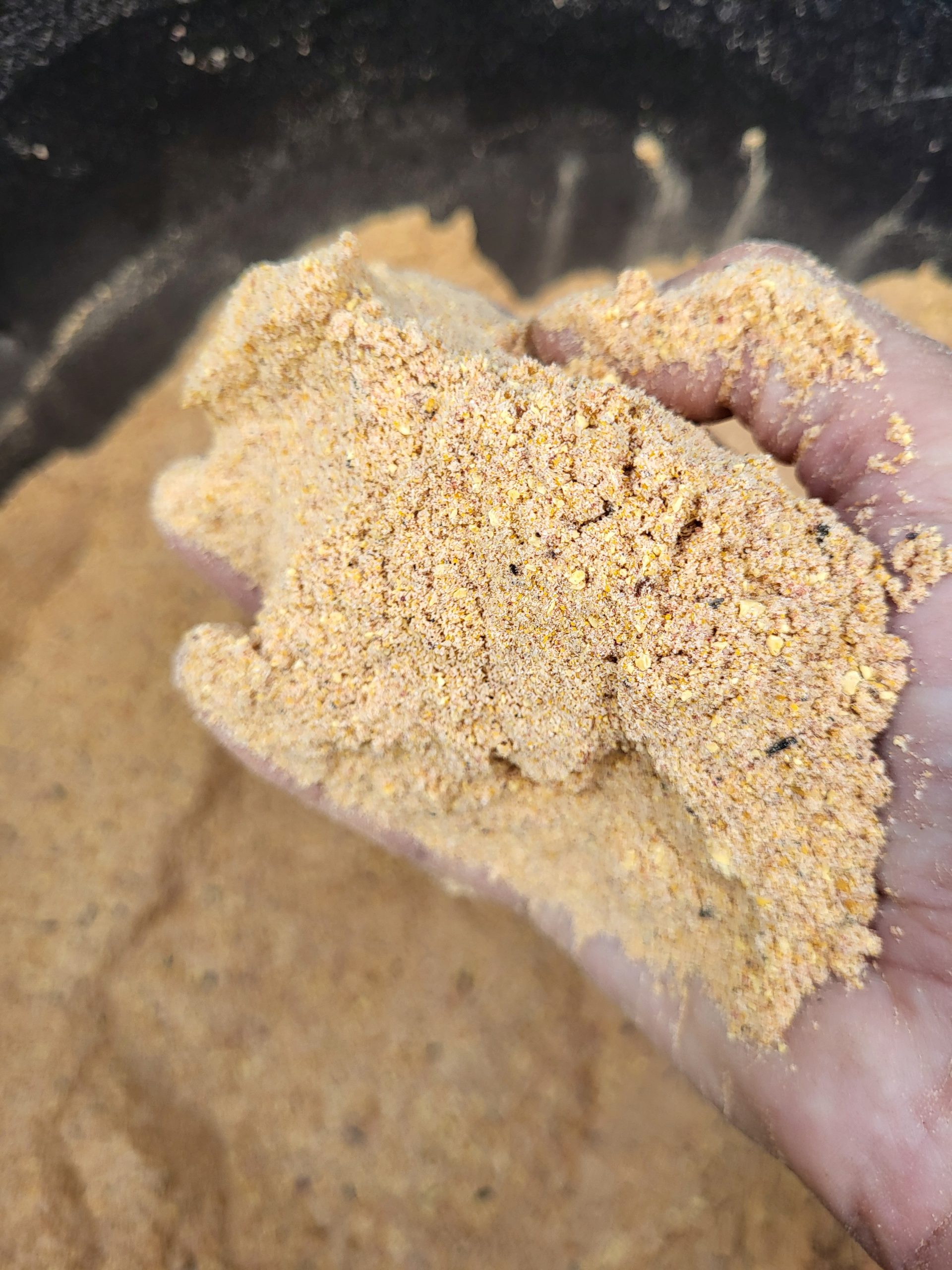Homemade carp boilie base mix ready for rolling