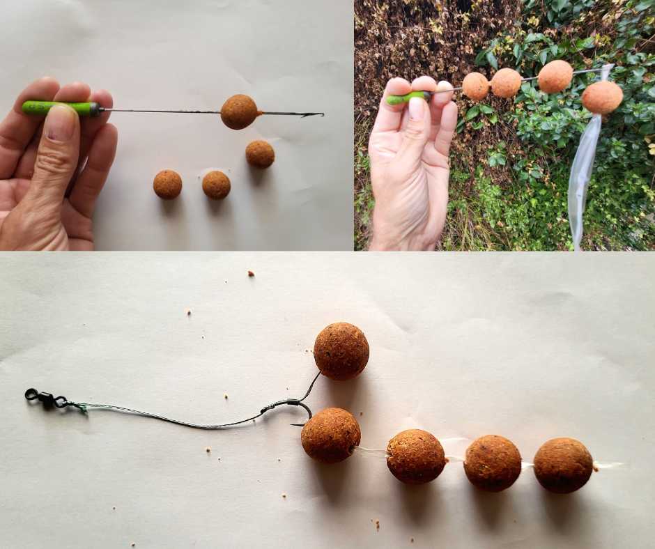 Making a PVA stringer by threading boilies onto PVA tape using a baiting needle