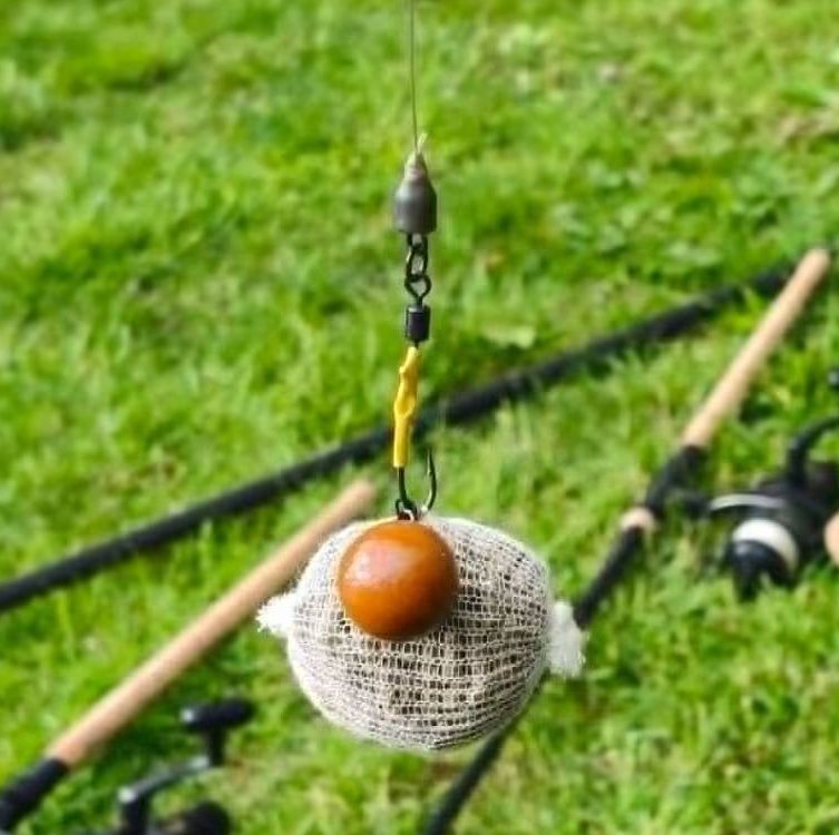 Small PVA mesh bag containing a carp fishing hookbait